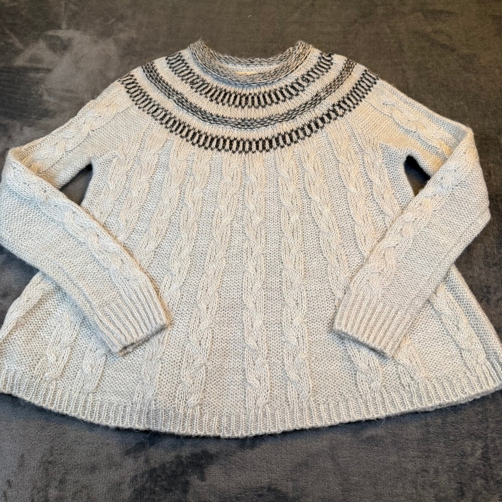 Hollister Fair Isle Cable Knit Sweater Cream‎ Grey Crew Neck Womens Small 17569